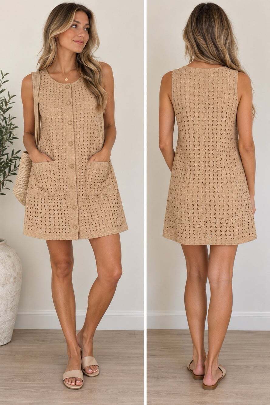 LOFT Size 8 Tan Eyelet Cotton Button Front Shift Dress Pockets